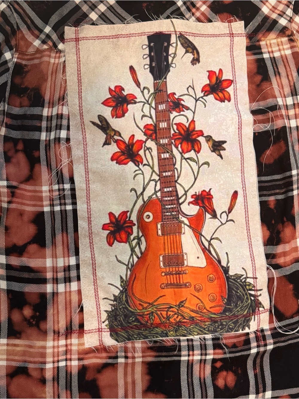 Nu-Vintage Rust and Black Plaid Button-Down with Orange Guitar Back Patch - Picture 5 of 6